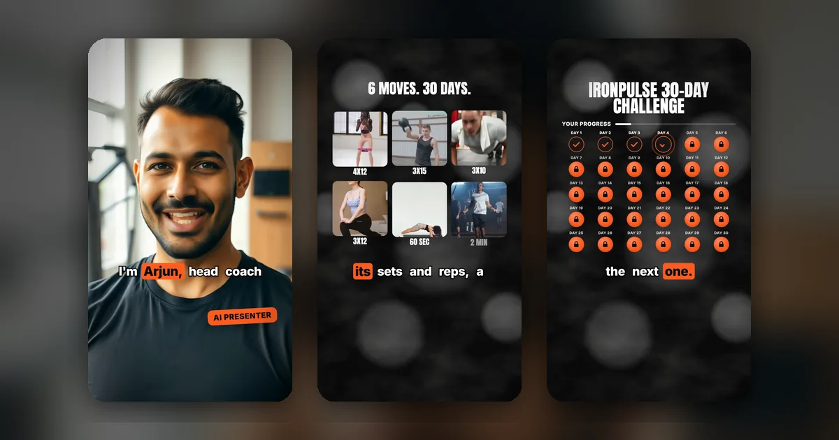 An AI-generated coach speaking to camera, followed by a rep-count tile grid and a 30-day plan calendar